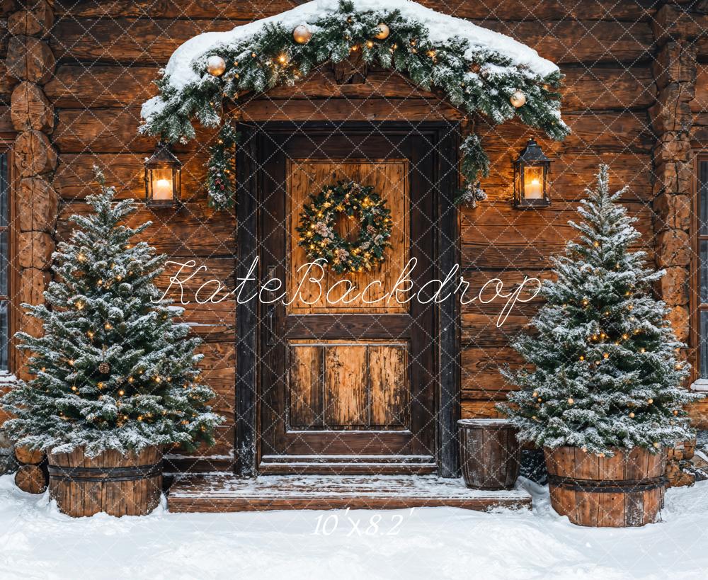 Kate Weihnachten Holztür Tannen Rustic Hintergrund Entworfen von Emetselch