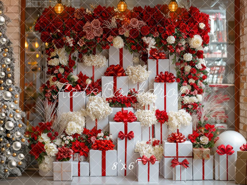 Kate Weihnachten Geschenke Blumen Rot Weiß Hintergrund Entworfen von Mini MakeBelieve - Kate Backdrop.de