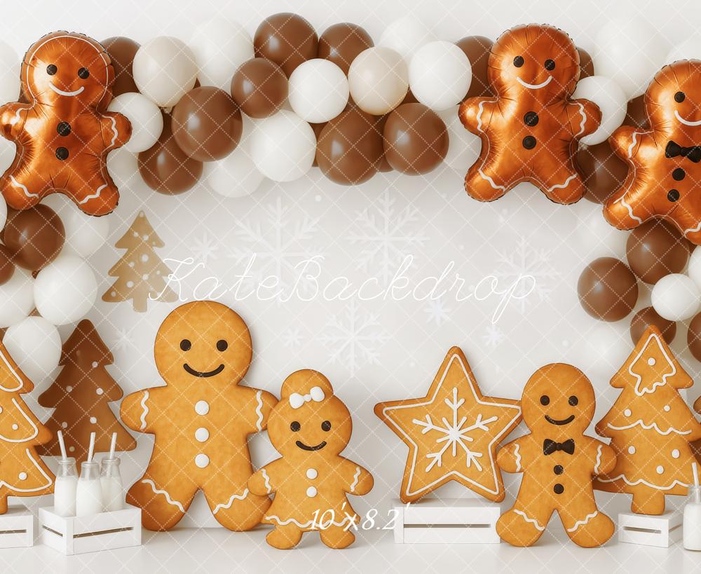Kate Weihnachten Lebkuchen Figuren Ballons Braun Hintergrund Entworfen von Patty Roberts - Kate Backdrop.de