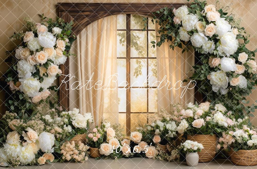 Kate Hochzeit Fenster Blumen Creme Hintergrund Entworfen von Mini MakeBelieve - Kate Backdrop.de