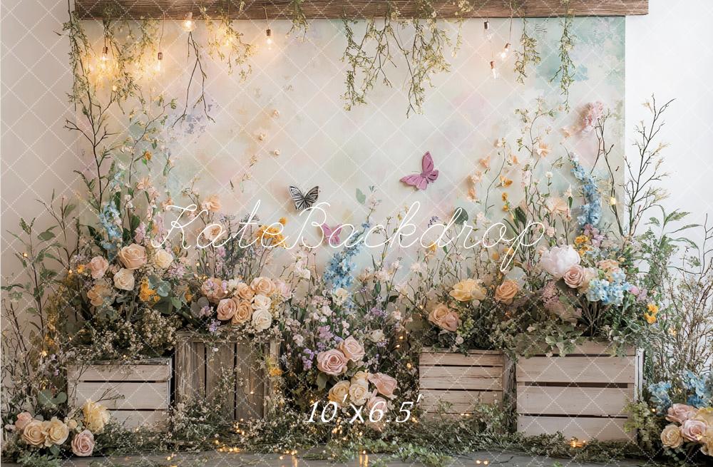 Kate Frühling Blumen Holzkisten Pastell Hintergrund Entworfen von Patty Roberts - Kate Backdrop.de