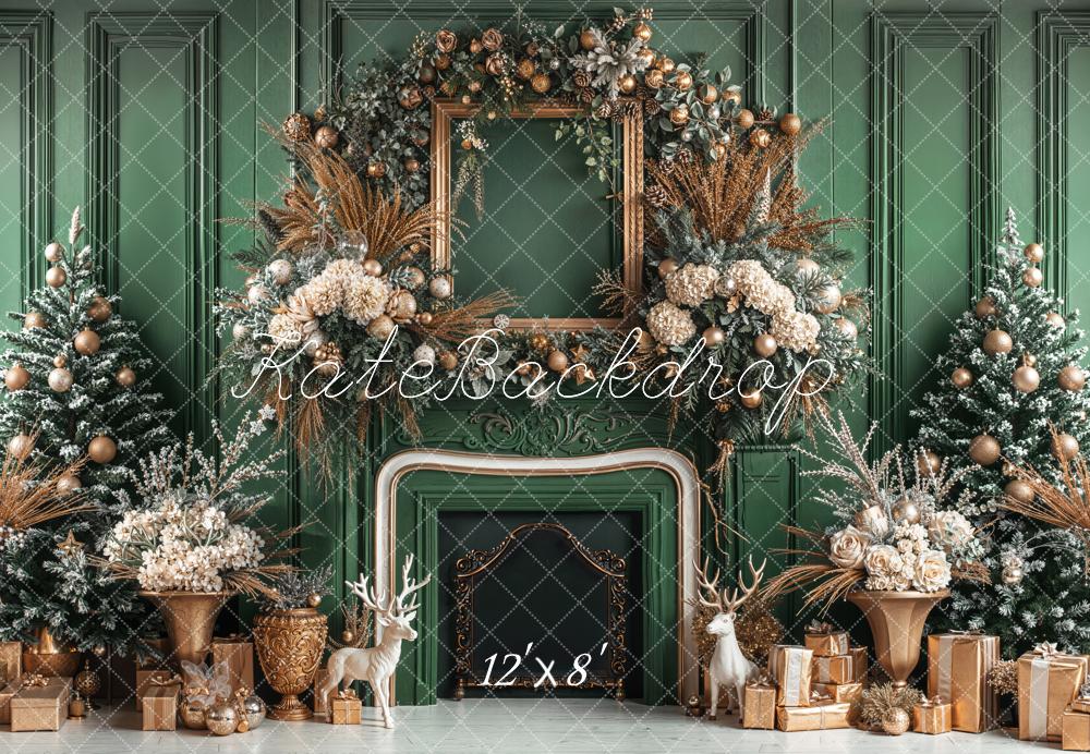 Kate Weihnachten Kamin Kranz Grün Gold Fleece Hintergrund Entworfen von Emetselch - Kate Backdrop.de