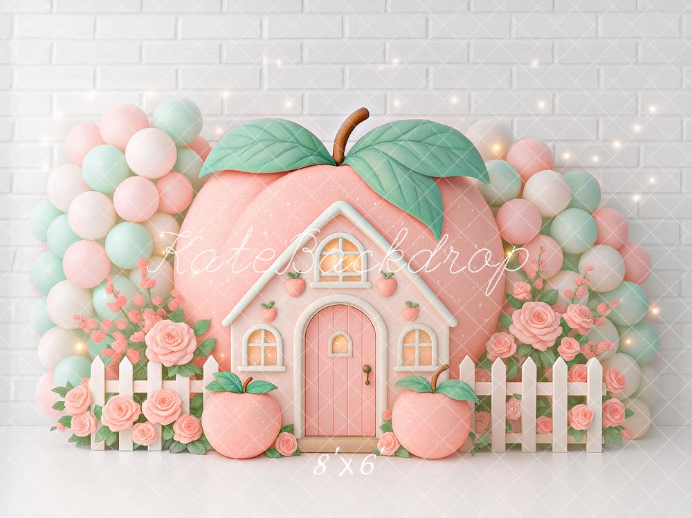 Kate Geburtstag Pfirsich Haus Ballons Pastell Hintergrund Entworfen von Ashley Paul - Kate Backdrop.de