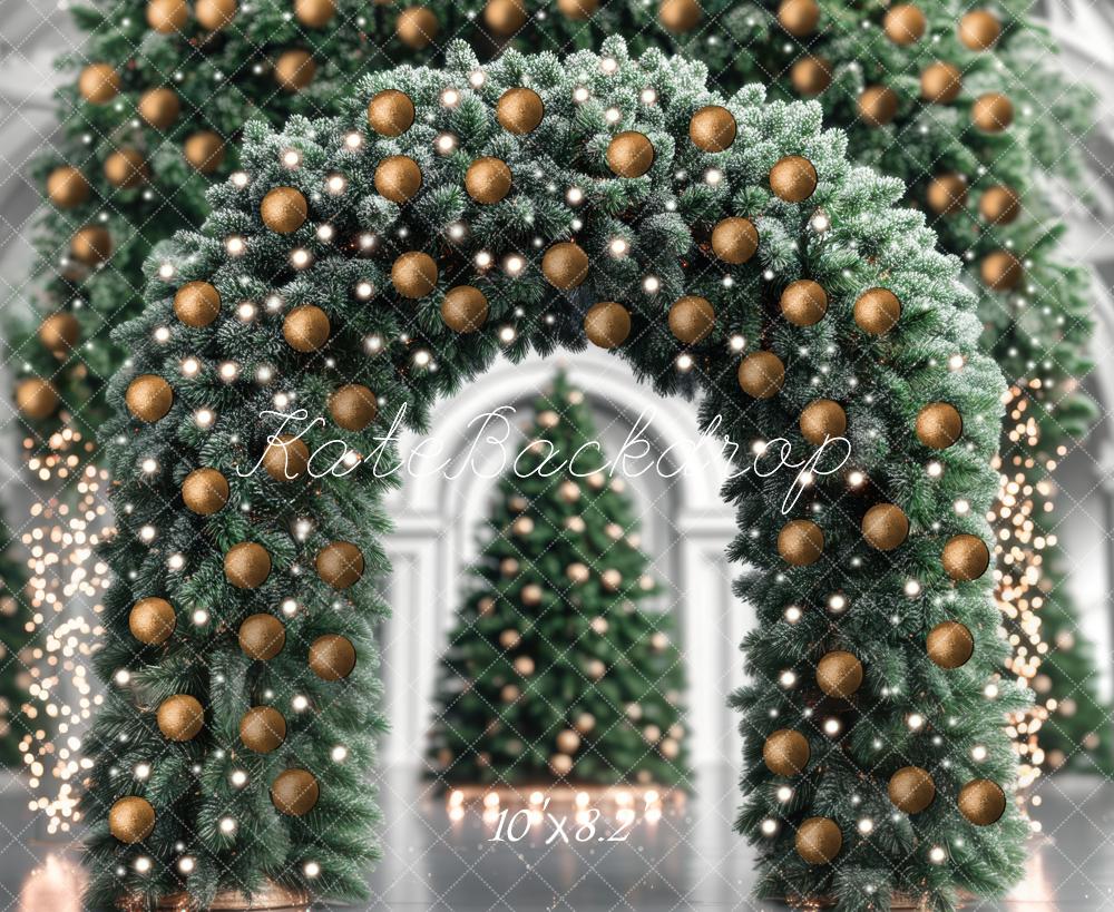 Kate Weihnachten Tannenbogen Goldene Kugeln Hintergrund Entworfen von Mini MakeBelieve - Kate Backdrop.de