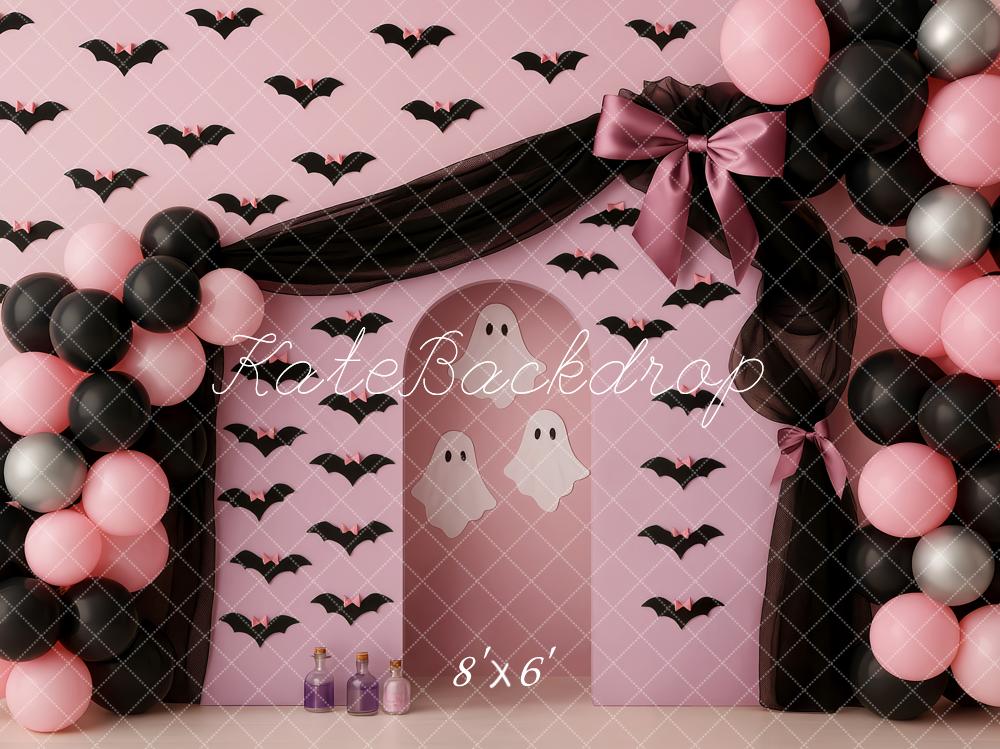 Kate Halloween Ballons Fledermäuse Rosa Hintergrund Entworfen von Patty Roberts - Kate Backdrop.de