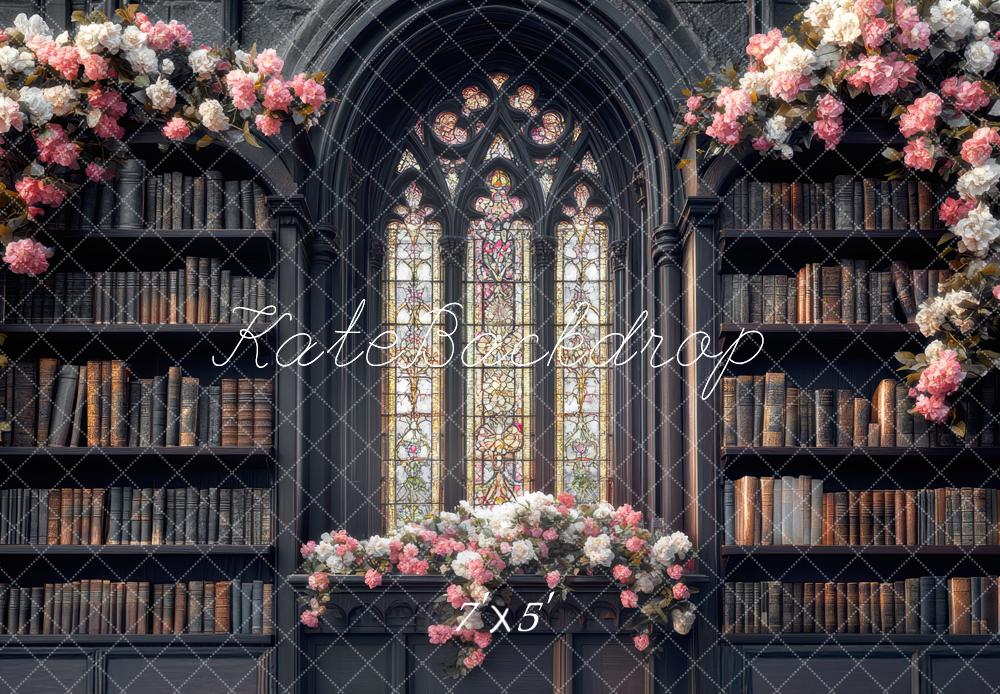 Kate Bibliothek Buntglasfenster Blumen Vintage Hintergrund Entworfen von Mini MakeBelieve - Kate Backdrop.de
