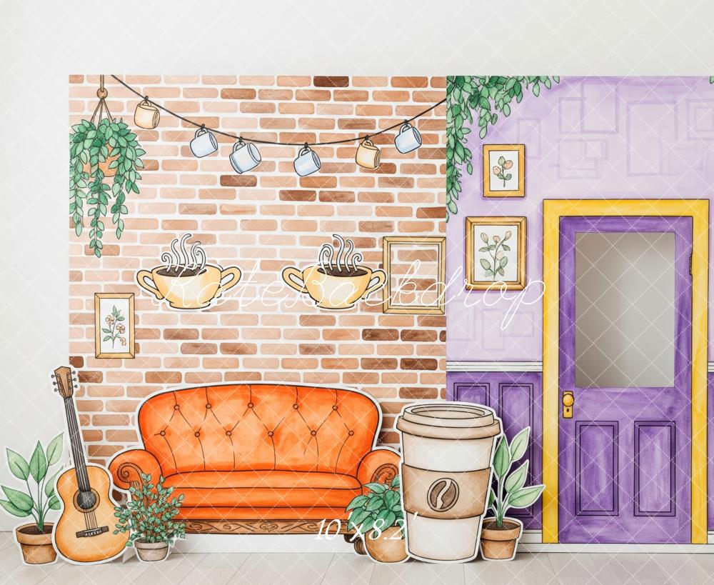 Kate Herbst Wohnzimmer Backsteinwand Lila Tür Hintergrund Entworfen von Patty Roberts - Kate Backdrop.de
