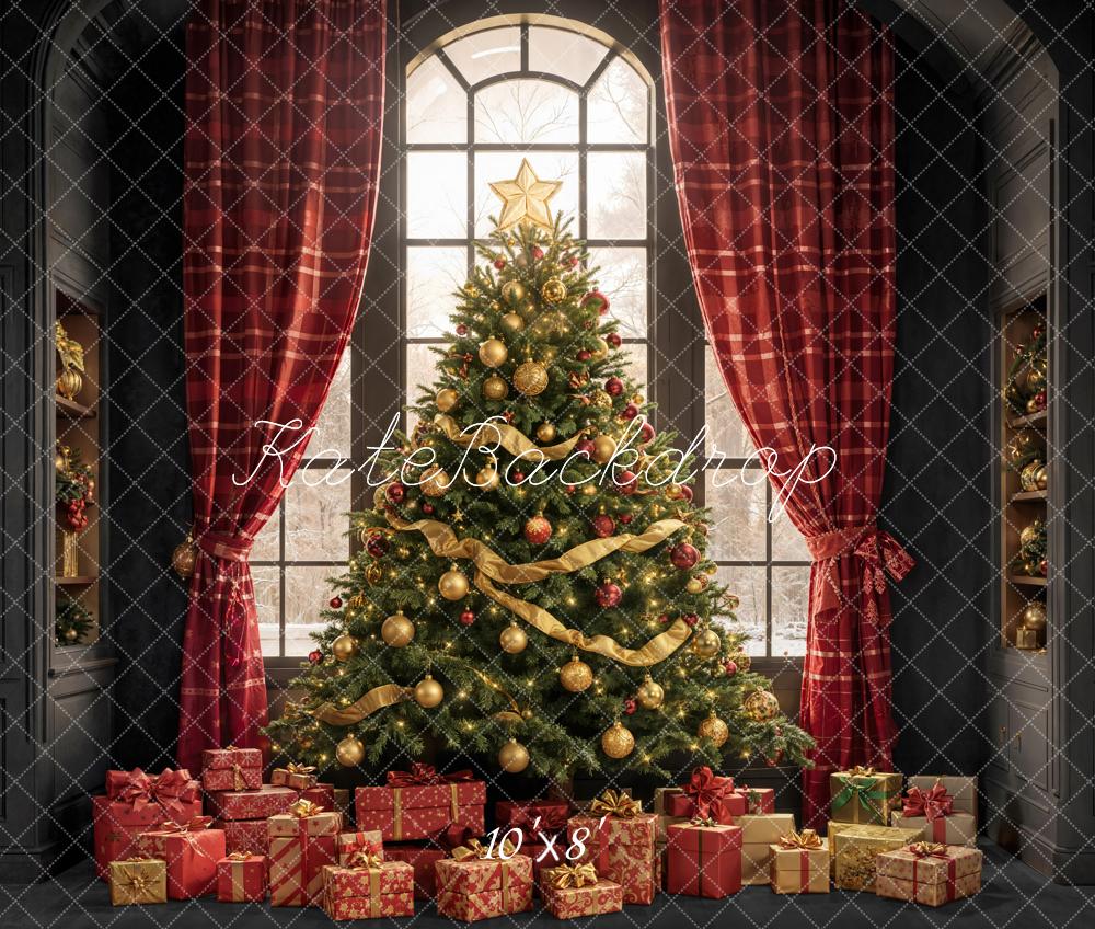Kate Weihnachten Weihnachtsbaum Geschenke Fenster Rot Fleece Hintergrund Entworfen von Emetselch - Kate Backdrop.de