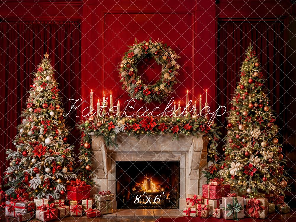 Kate Weihnachten Kamin Weihnachtsbaum Rot Hintergrund Entworfen von Emetselch - Kate Backdrop.de