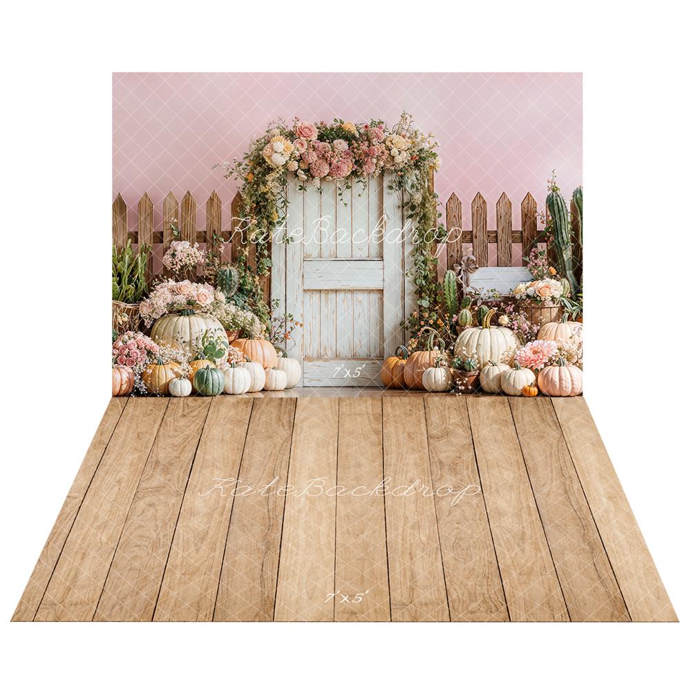 Kate Herbst Tür Kürbisse Blumen Pastell Hintergrund Hintergrund+Hellbrauner Holz Boden Hintergrund Boden Hintergrund