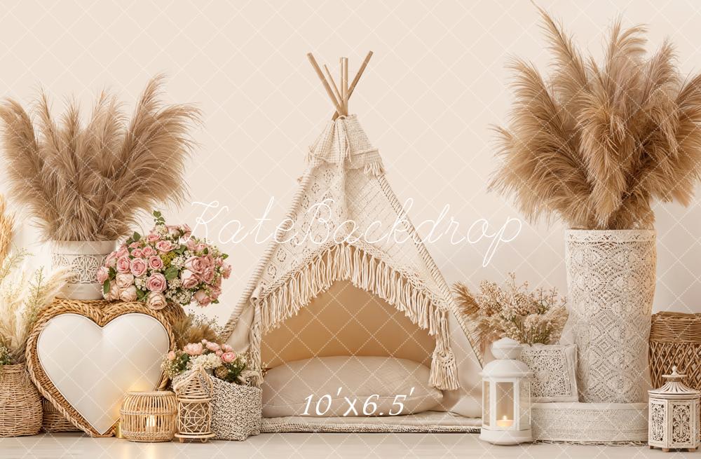 Kate Boho Zelt Pampasgras Blumen Beige Fleece Hintergrund Entworfen von Emetselch - Kate Backdrop.de