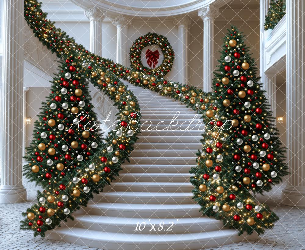 Kate Weihnachten Treppe Girlande Gold Rot Hintergrund Entworfen von Mini MakeBelieve - Kate Backdrop.de