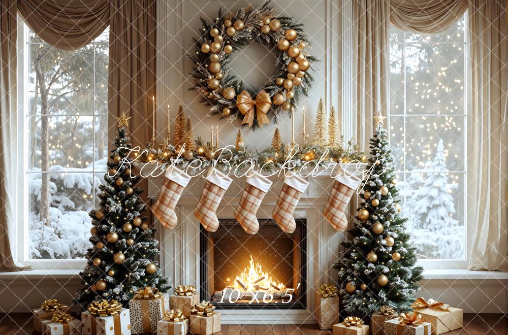 Kate Weihnachten Kamin Weihnachtsbaum Gold Hintergrund Entworfen von Mini MakeBelieve - Kate Backdrop.de