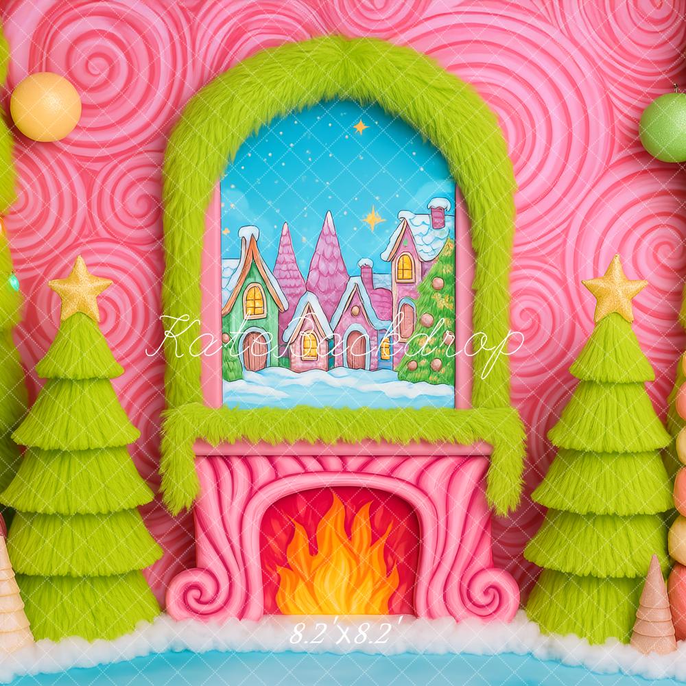 Kate Weihnachten Kamin Lebkuchenhaus Süßigkeiten Pink Hintergrund Entworfen von Patty Roberts - Kate Backdrop.de