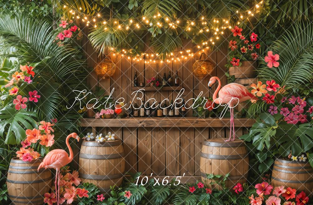 Kate Tropisch Flamingos Blumen Holzfass Hintergrund Entworfen von Emetselch - Kate Backdrop.de