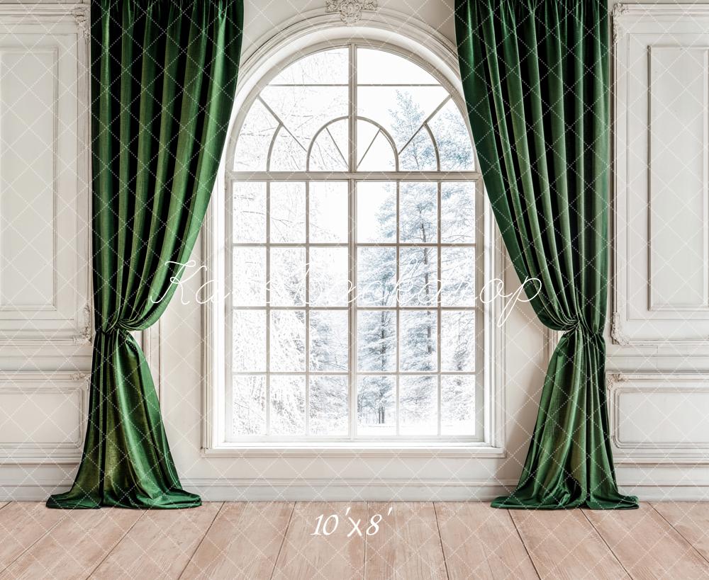 Kate Winter Fenster Grüne Vorhänge Elegant Fleece Hintergrund Entworfen von Emetselch - Kate Backdrop.de