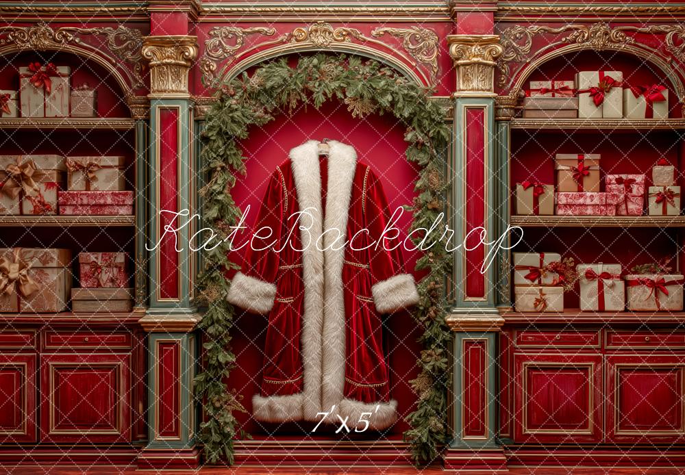Kate Weihnachten Geschenkregal Santa Mantel Rot Hintergrund Entworfen von Patty Roberts - Kate Backdrop.de
