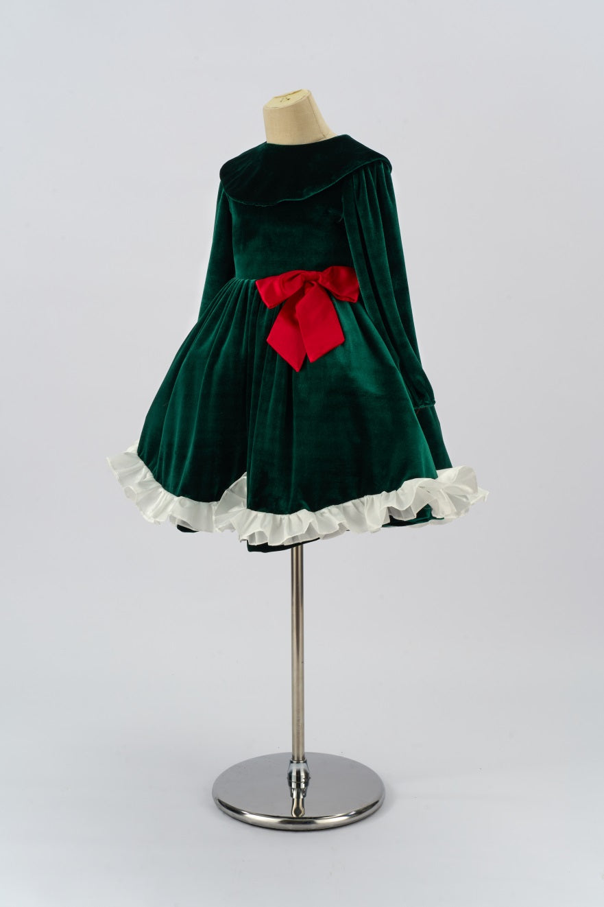 Kate Grüner Samt Langarm Schleife Kinder Kleid für Fotografie - Kate Backdrop.de
