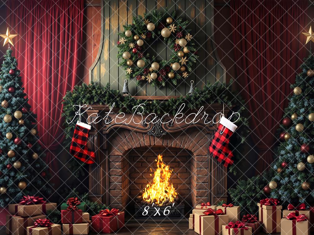 Kate Weihnachten Kamin Tannenbaum Rot Hintergrund Entworfen von Mini MakeBelieve - Kate Backdrop.de