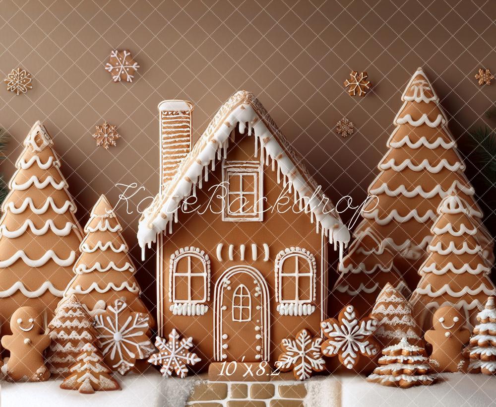 Kate Weihnachten Lebkuchenhaus Tannen Schneeflocken Hintergrund Entworfen von Mandy Ringe
