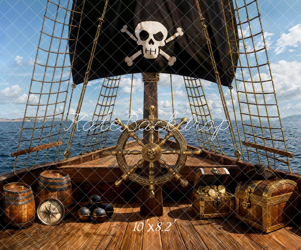 Kate Piraten Schiff Schatztruhe Meer Fleece Hintergrund Entworfen von Emetselch