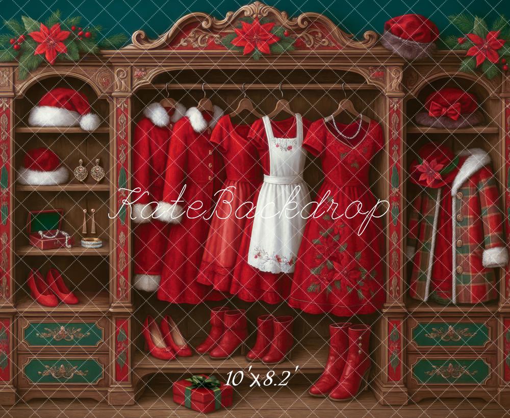 Kate Weihnachten Schrank Rote Kleidung Vintage Hintergrund Entworfen von Mini MakeBelieve - Kate Backdrop.de