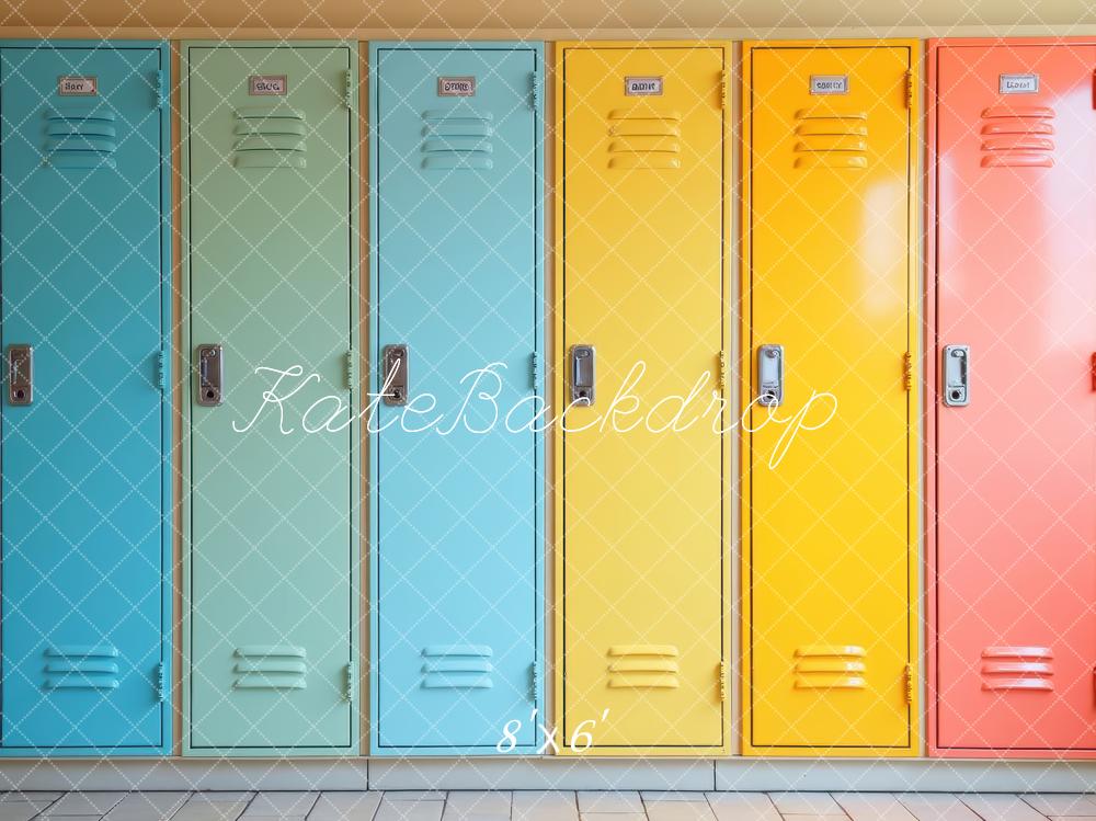 Kate Zurück Zur Schule Bunte Spinde Modern Hintergrund Entworfen von Laura Bybee - Kate Backdrop.de