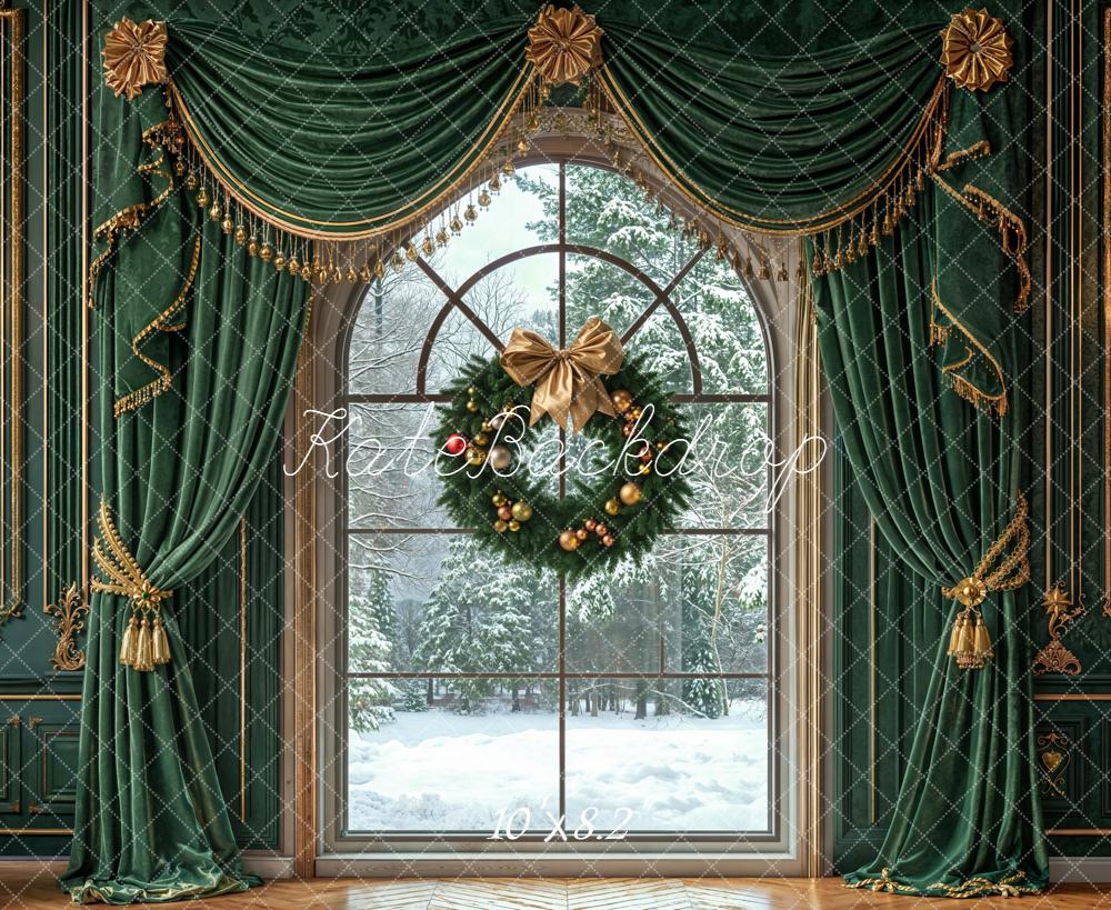 Kate Weihnachten Fenster Kranz Grün Hintergrund Entworfen von Emetselch - Kate Backdrop.de