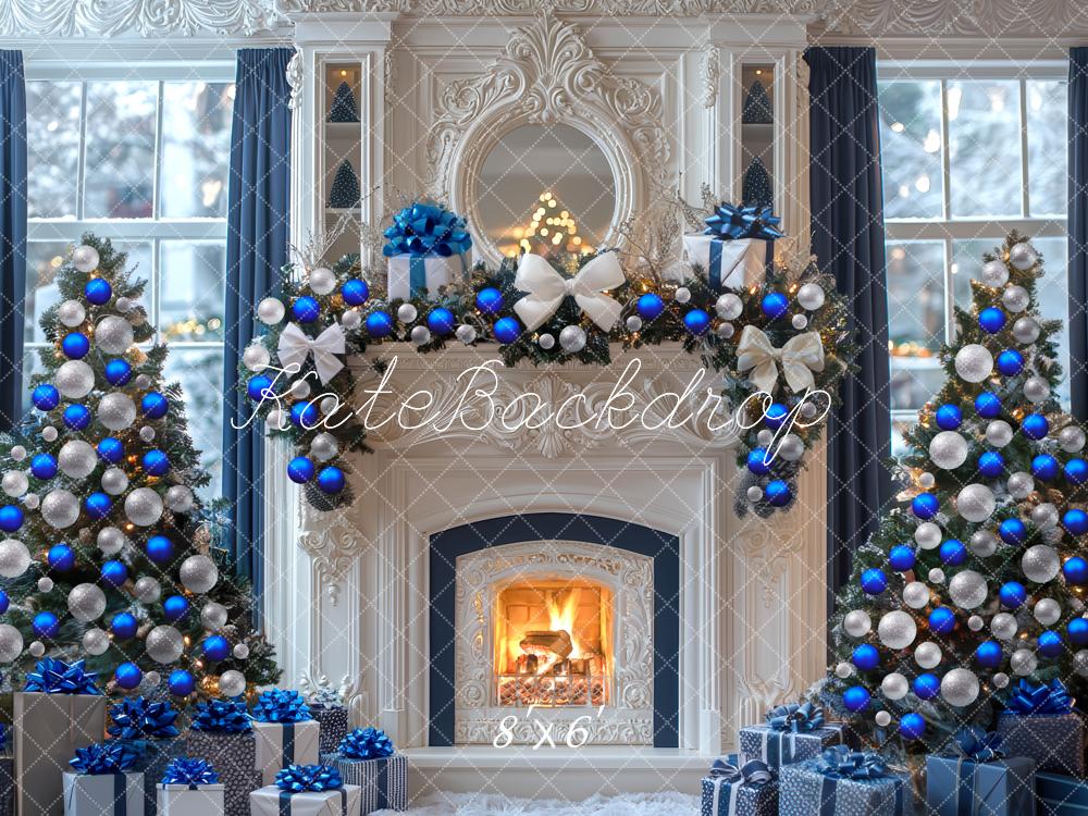 Kate Weihnachten Kamin Weihnachtsbaum Blau Hintergrund Entworfen von Mini MakeBelieve - Kate Backdrop.de