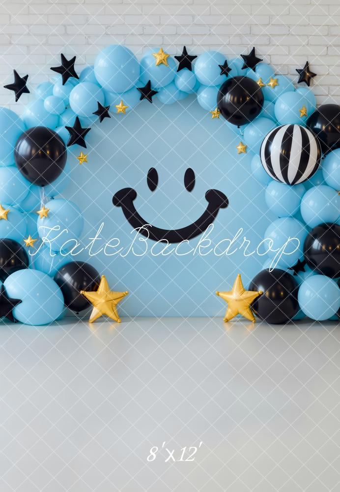 Kate Geburtstag Smiley Ballonbogen Blau Schwarz Fleece Hintergrund Entworfen von Emetselch - Kate Backdrop.de