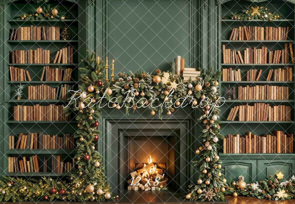 Kate Weihnachten Kamin Bücherregal Grün Fleece Hintergrund Entworfen von Emetselch - Kate Backdrop.de