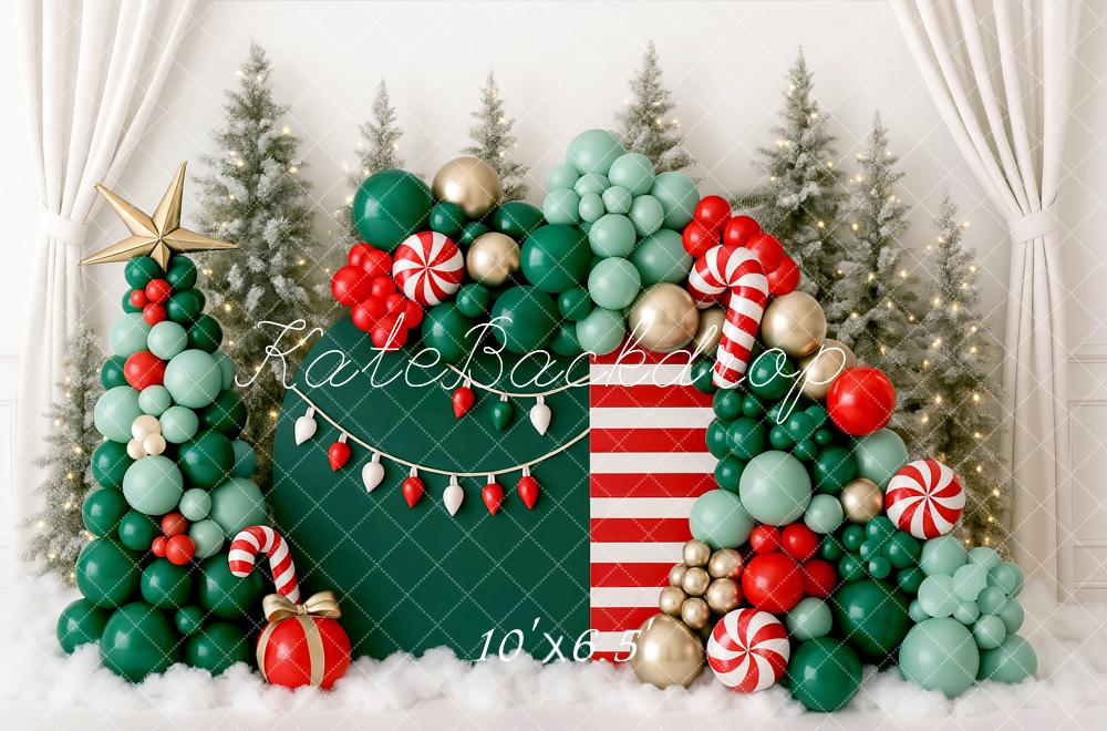 Kate Weihnachten Ballons Zuckerstange Grün Rot Hintergrund Entworfen von Mini MakeBelieve - Kate Backdrop.de