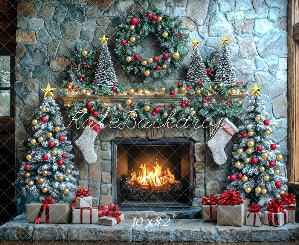 Kate Weihnachten Kamin Tannenbaum Stein Hintergrund Entworfen von Mini MakeBelieve - Kate Backdrop.de