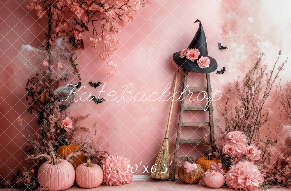 Kate Halloween Kürbis Hexenhut Blumen Rosa Hintergrund Entworfen von Patty Roberts - Kate Backdrop.de