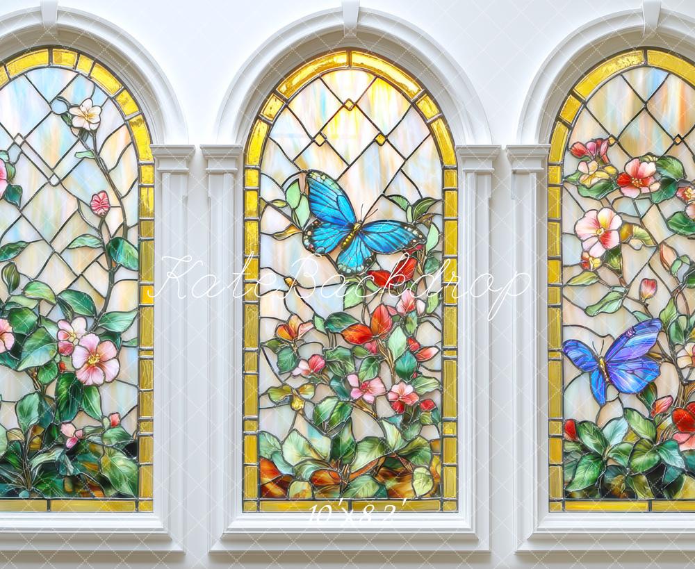 Kate Glas Fenster Schmetterlinge Blumen Bunt Hintergrund Entworfen von Mini MakeBelieve - Kate Backdrop.de