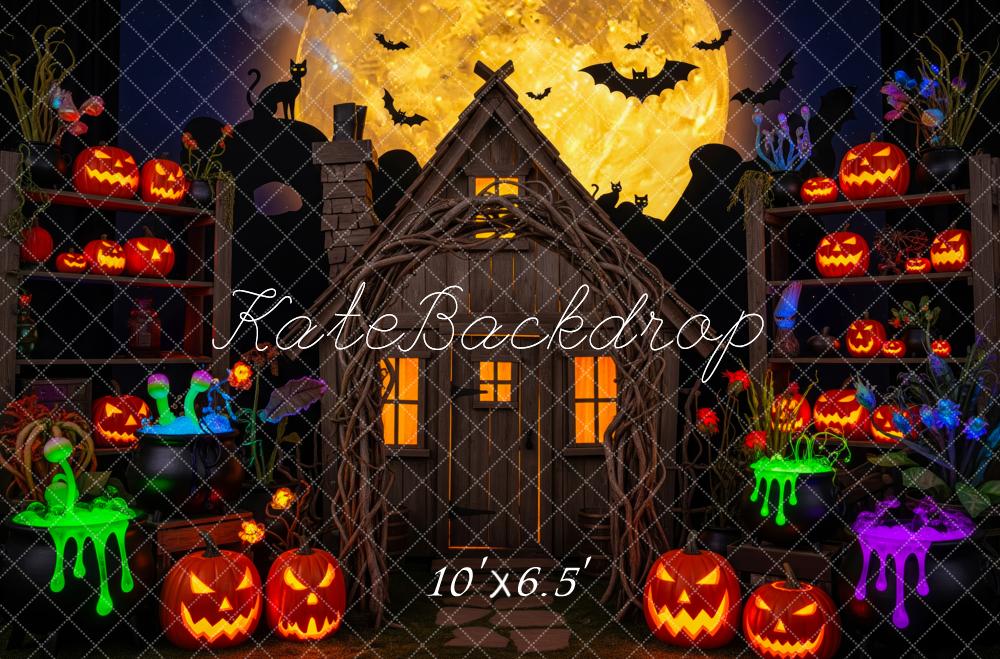 Kate Halloween Hexenhaus Kürbisse Vollmond Hintergrund Entworfen von Patty Roberts