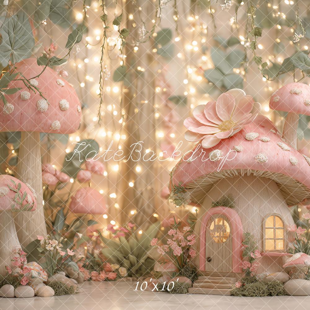 Kate Märchen Pilzhäuser Lichter Rosa Hintergrund Entworfen von Ashley Paul - Kate Backdrop.de