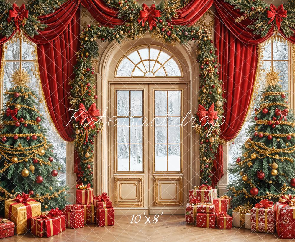 Kate Weihnachten Tannenbäume Geschenke Rot Fleece Hintergrund Entworfen von Emetselch - Kate Backdrop.de