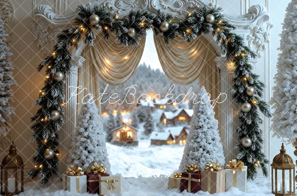 Kate Weihnachten Fenster Winterdorf Weiß Gold Hintergrund Entworfen von Mini MakeBelieve - Kate Backdrop.de