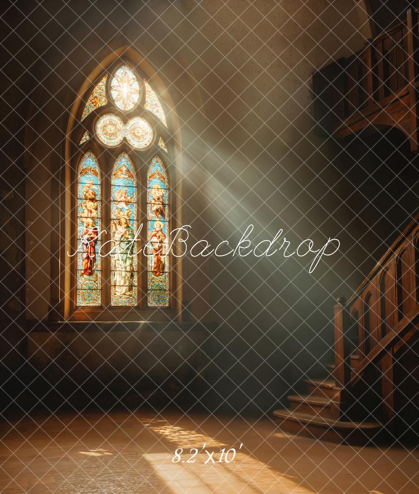 Kate Kirche Buntglasfenster Treppe Vintage Fleece Hintergrund Entworfen von Emetselch - Kate Backdrop.de