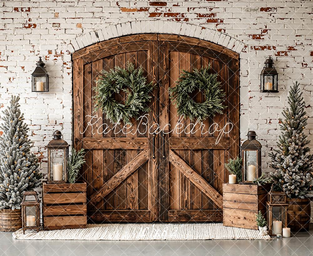 Kate Weihnachten Holz Tür Kränze Rustikal Hintergrund Entworfen von Emetselch - Kate Backdrop.de