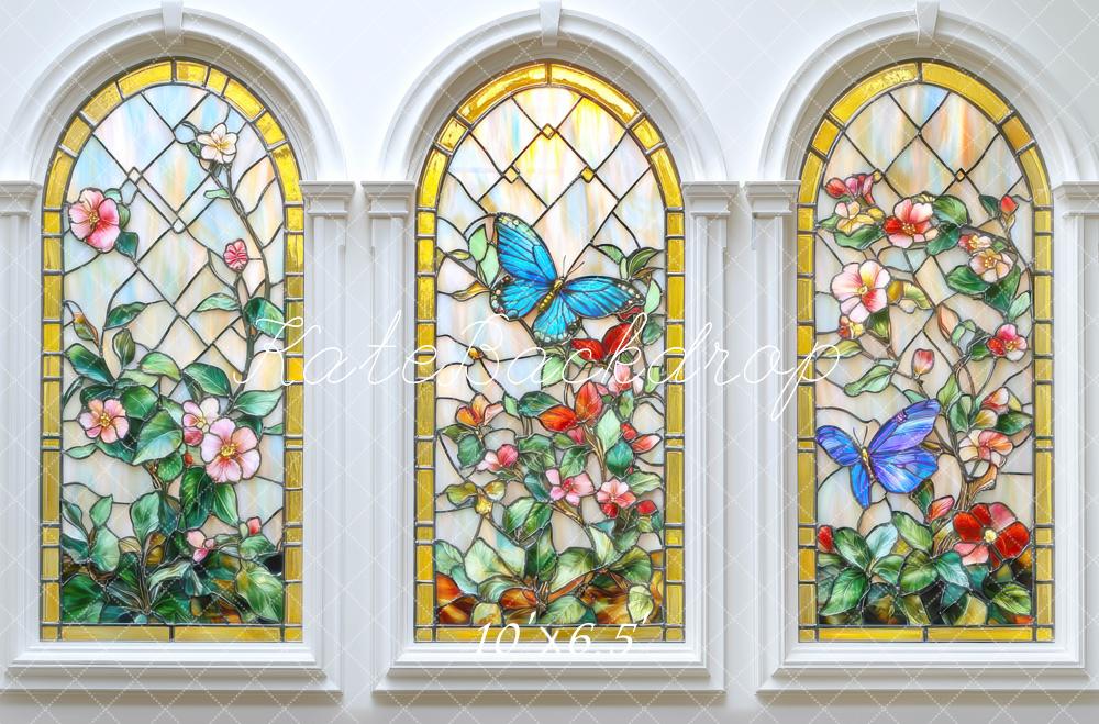Kate Glas Fenster Schmetterlinge Blumen Bunt Hintergrund Entworfen von Mini MakeBelieve - Kate Backdrop.de