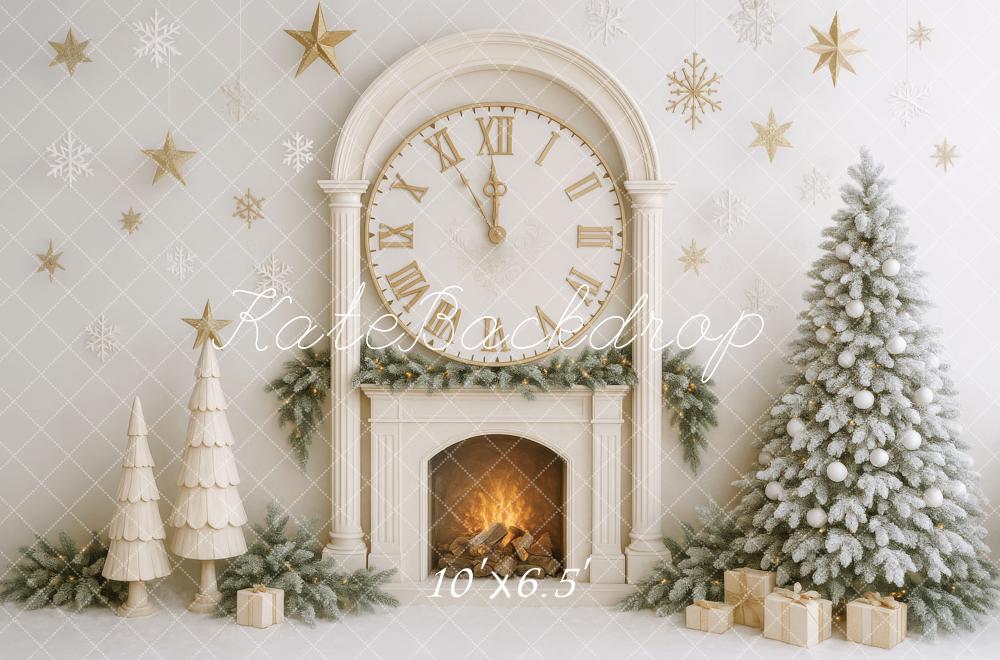 Kate Weihnachten Kamin Uhr Tannenbaum Gold Hintergrund Entworfen von Patty Roberts - Kate Backdrop.de
