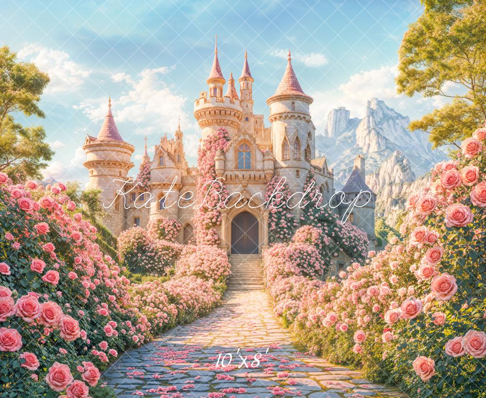 Kate Fairy Fantasy Schloss Rosengarten Pastell Fleece Hintergrund Entworfen von Chain - Kate Backdrop.de