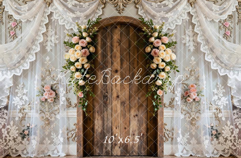 Kate Hochzeit Holztür Blumen Spitze Hintergrund Entworfen von Mini MakeBelieve