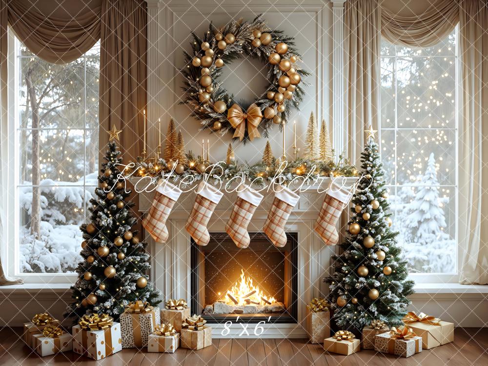 Kate Weihnachten Kamin Weihnachtsbaum Gold Hintergrund Entworfen von Mini MakeBelieve - Kate Backdrop.de