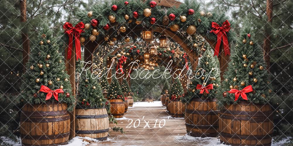 Kate Weihnachten Tannenbögen Holzfässer Rot Gold Hintergrund Entworfen von Emetselch - Kate Backdrop.de