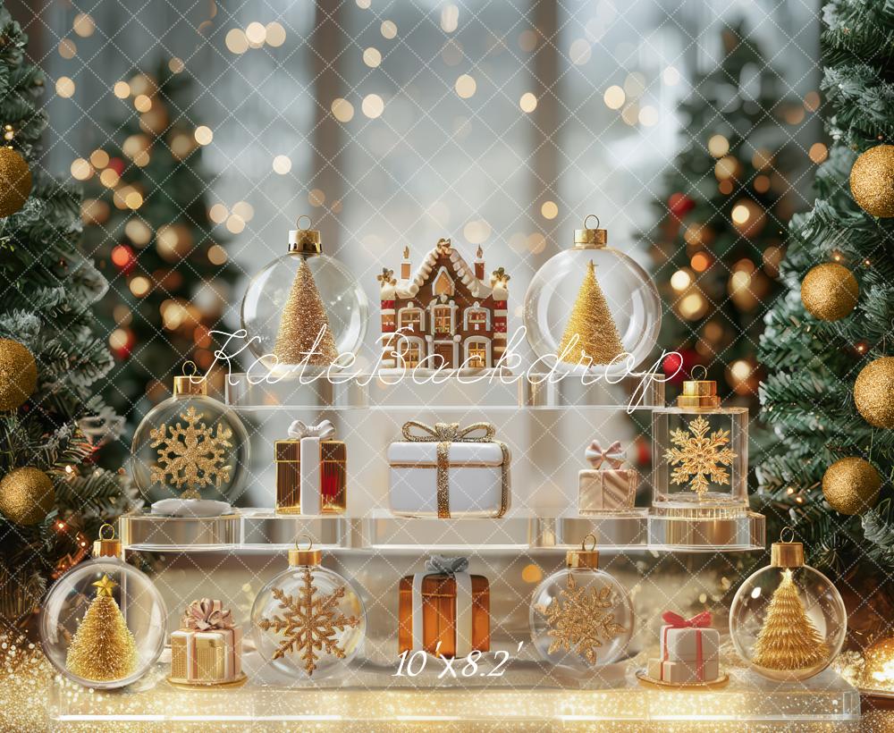 Kate Weihnachten Geschenke Christbaumkugeln Gold Hintergrund Entworfen von Mini MakeBelieve - Kate Backdrop.de