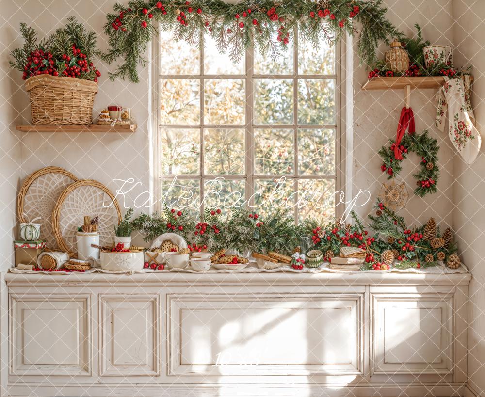 Kate Weihnachten Fenster Tannenzweige Rustikal Fleece Hintergrund Entworfen von Emetselch