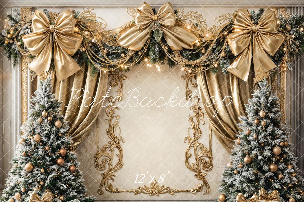 Kate Weihnachten Goldene Schleifen Tannenbaum Elegant Fleece Hintergrund Entworfen von Chain - Kate Backdrop.de